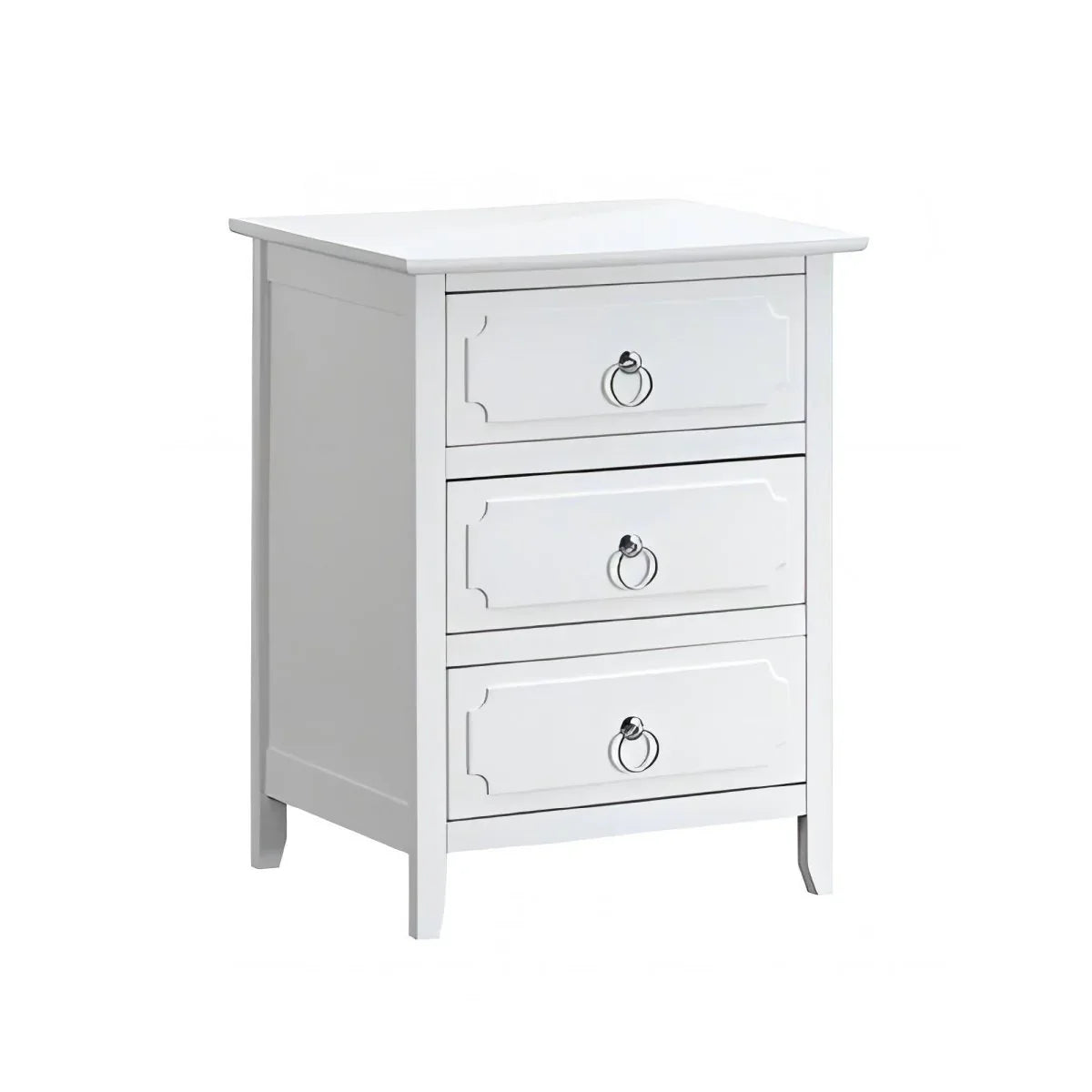White Wood 3-Drawer Nightstand With Polished Nickel Hardware - Omega Lifestyles
