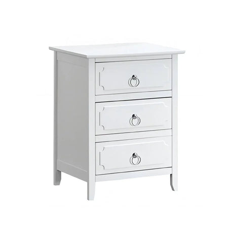 White Wood 3-Drawer Nightstand With Polished Nickel Hardware - Omega Lifestyles