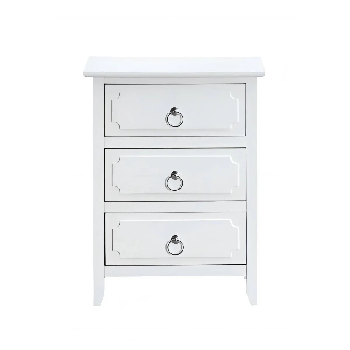 White Wood 3-Drawer Nightstand With Polished Nickel Hardware - Omega Lifestyles