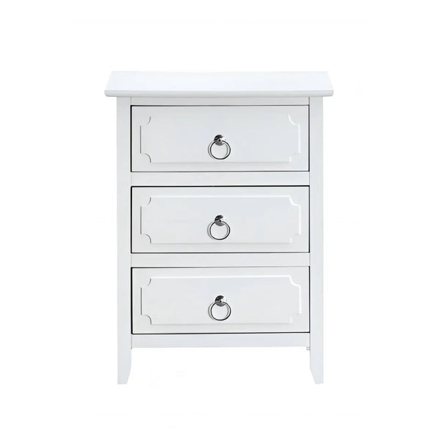White Wood 3-Drawer Nightstand With Polished Nickel Hardware - Omega Lifestyles