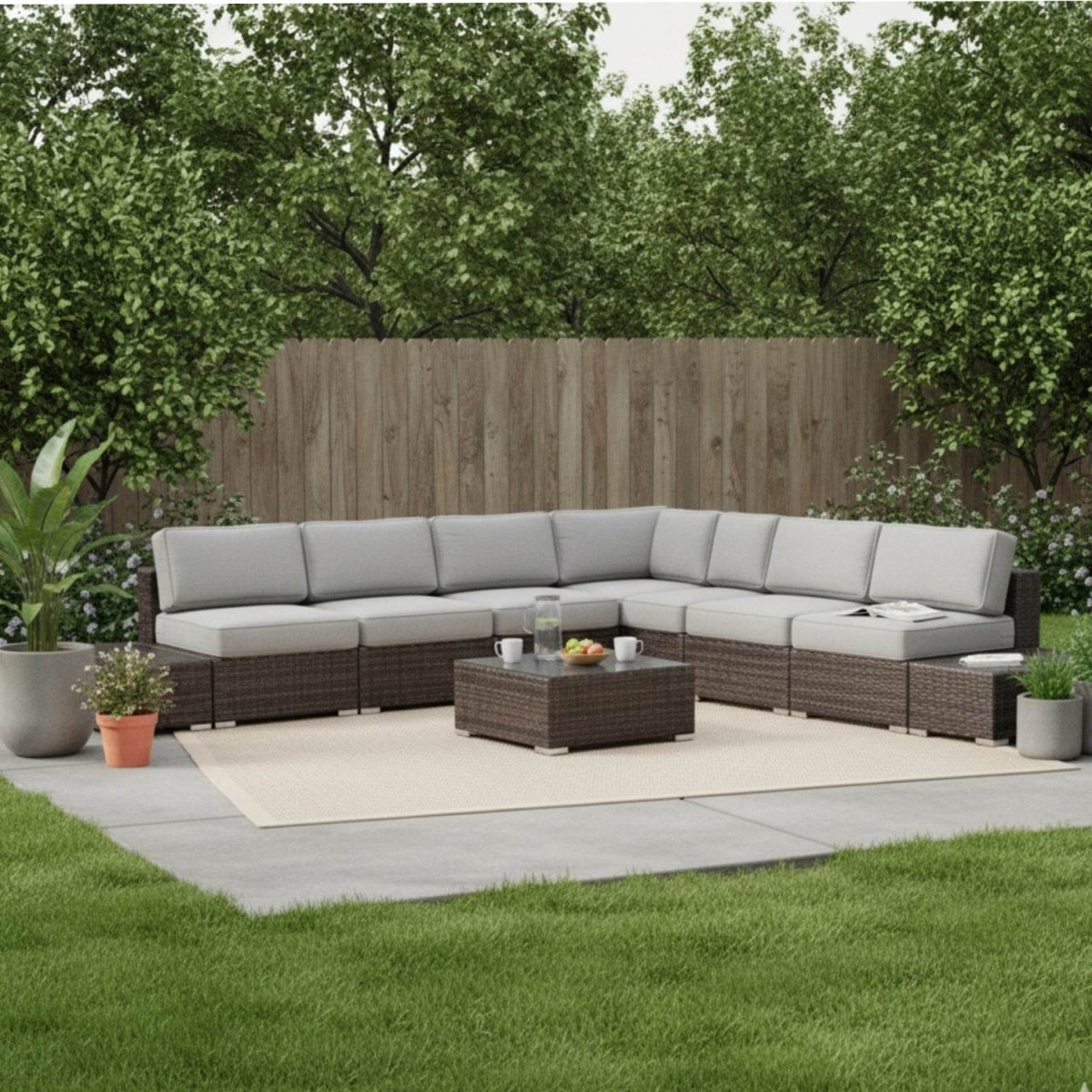 Wicker Outdoor 6 - Person Sectional Seating Group With Cushions - Driftwood - Omega Lifestyles