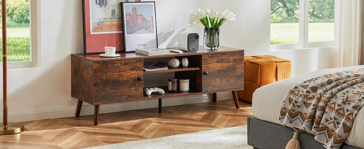 Wooden Fireplace TV Stand with Adjustable Shelf and Storage - Omega Lifestyles