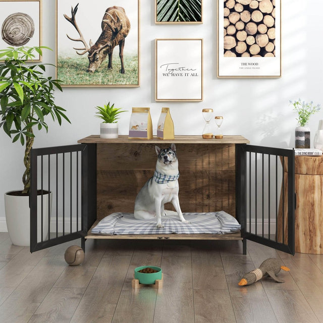 Wooden Indoor Dog Crate Furniture With Two Doors - Omega Lifestyles