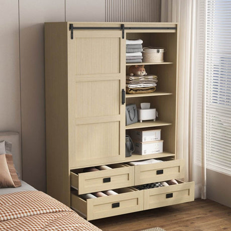 Wooden Sliding Barn Door Armoire Wardrobe Cabinet Storage - Sleep Galleria