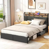 LED Upholstered Bed Frame With Storage Drawers and Charging Station - Omega Lifestyles