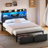 LED Upholstered Bed Frame With Storage Drawers and Charging Station - Omega Lifestyles