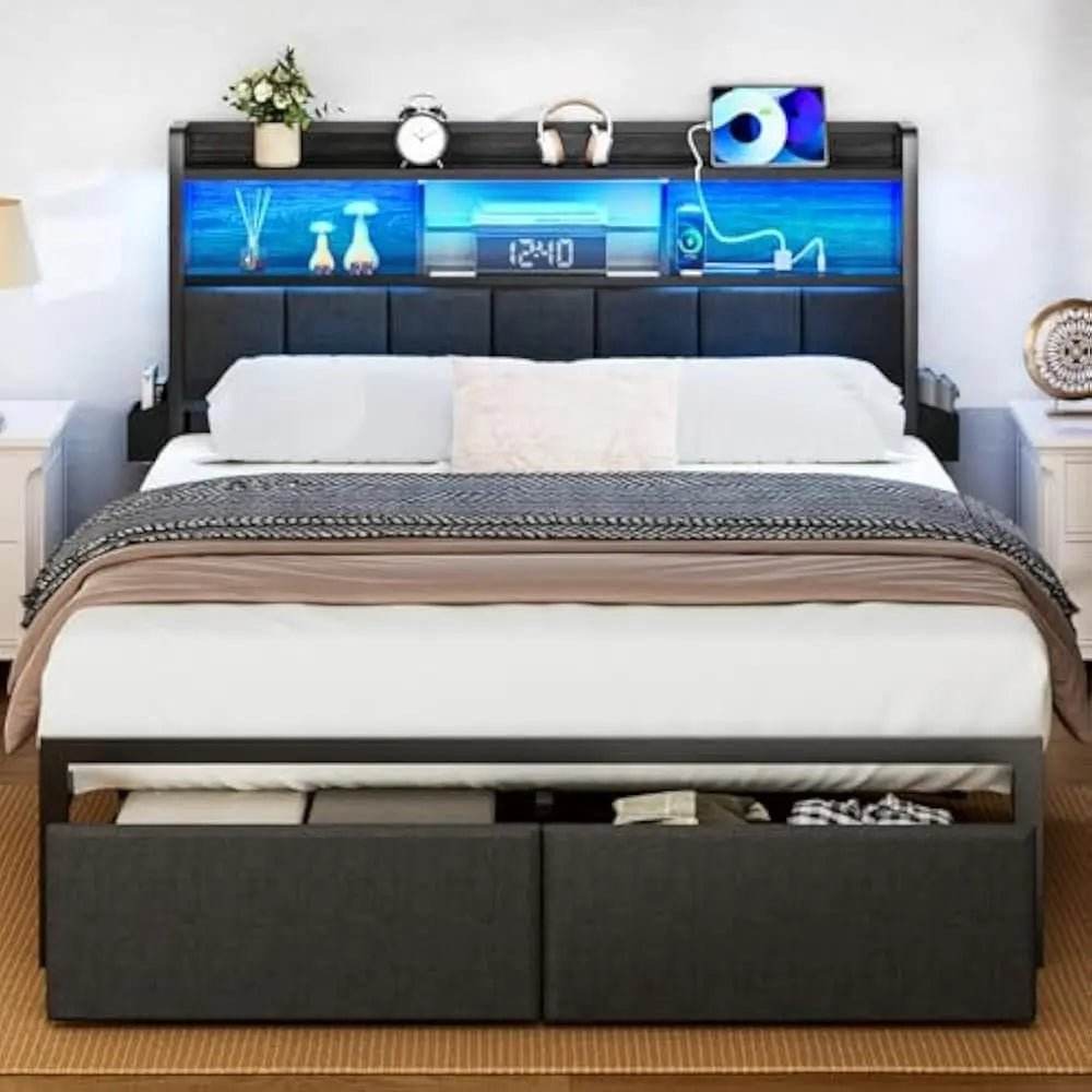 LED Upholstered Bed Frame With Storage Drawers and Charging Station - Omega Lifestyles