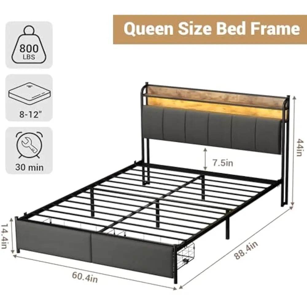 LED Upholstered Bed Frame With Storage Drawers and Charging Station - Omega Lifestyles