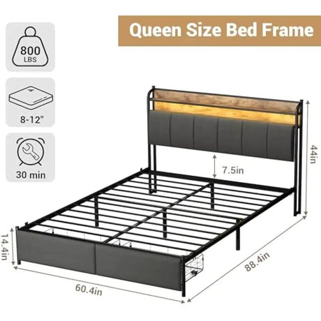LED Upholstered Bed Frame With Storage Drawers and Charging Station - Omega Lifestyles