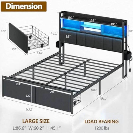 LED Upholstered Bed Frame With Storage Drawers and Charging Station - Omega Lifestyles