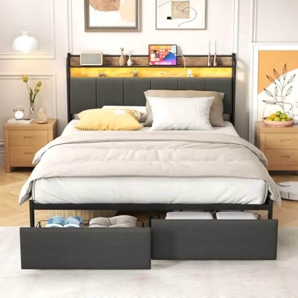 LED Upholstered Bed Frame With Storage Drawers and Charging Station - Omega Lifestyles