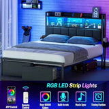 LED Upholstered Bed Frame With Storage Drawers and Charging Station - Omega Lifestyles