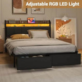LED Upholstered Bed Frame With Storage Drawers and Charging Station - Omega Lifestyles
