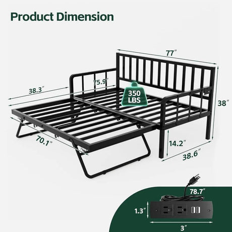 Metal Twin Daybed With Pop-Up Trundle Charging Station - Omega Lifestyles