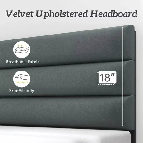 Modern Velvet Upholstered Metal Bed Frame With Headboard - Omega Lifestyles