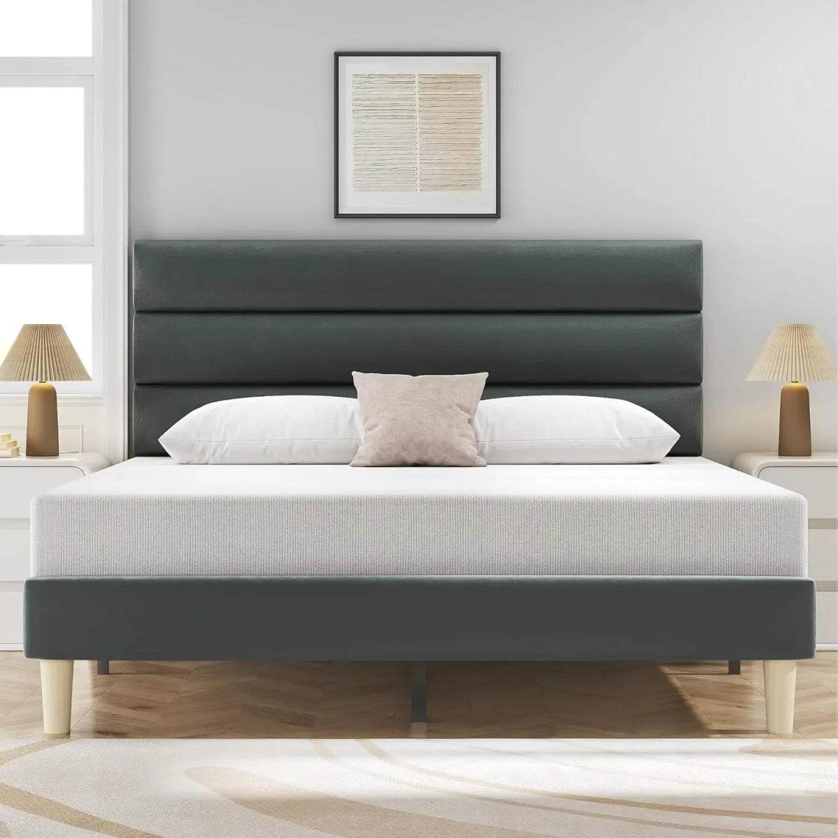 Modern Velvet Upholstered Metal Bed Frame With Headboard - Omega Lifestyles