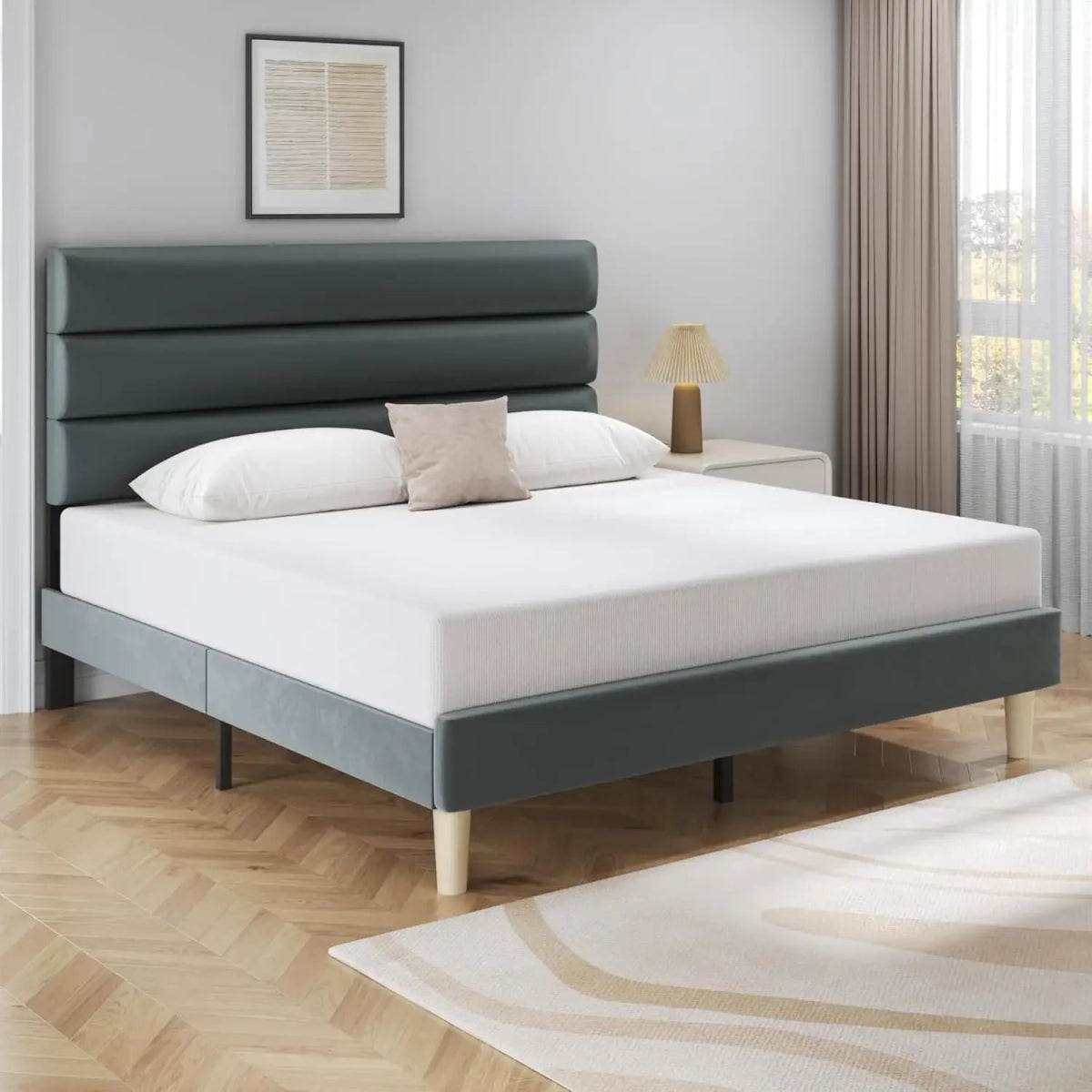 Modern Velvet Upholstered Metal Bed Frame With Headboard - Omega Lifestyles