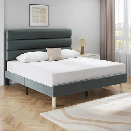 Modern Velvet Upholstered Metal Bed Frame With Headboard - Omega Lifestyles