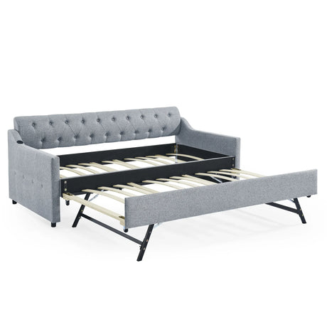 Twin Linen Upholstery Daybed With Erectable Trundle USB Charging - Omega Lifestyles