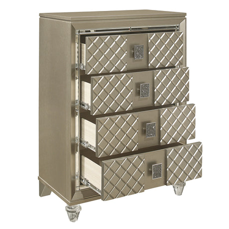 Champagne Finish Wood Chest Of 4 Drawers Bedroom Furniture - Omega Lifestyles