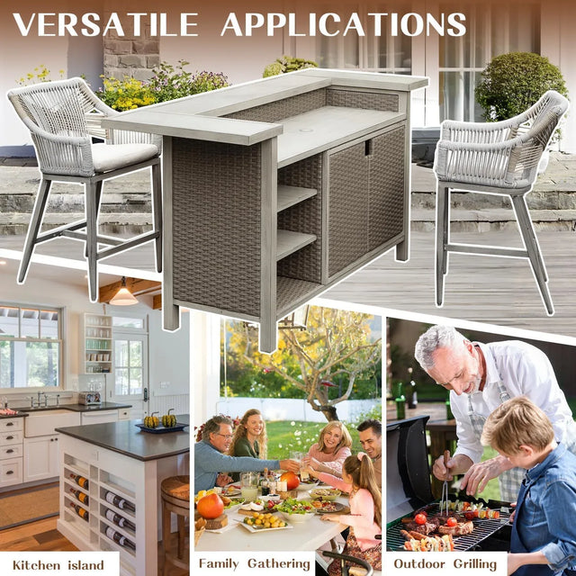 Outdoor Patio Aluminum Wicker Bar Table With Stools Set Of 3 - Omega Lifestyles