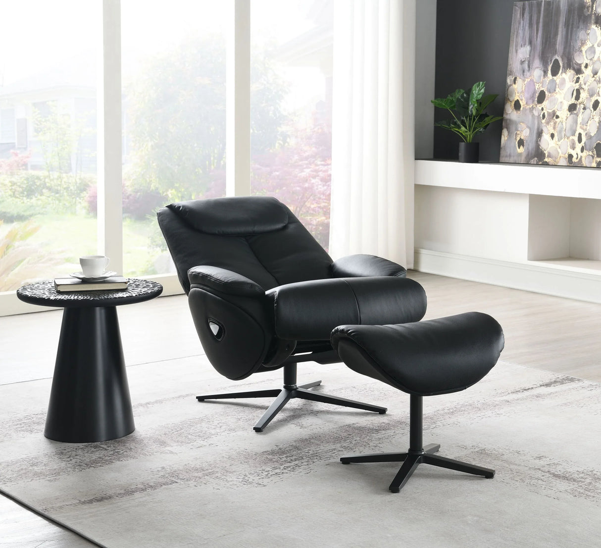 Black Top Grain Leather Swivel Accent Chair With Ottoman - Omega Lifestyles