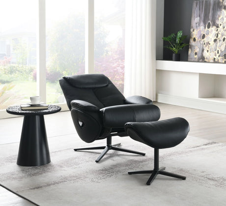 Black Top Grain Leather Swivel Accent Chair With Ottoman - Omega Lifestyles