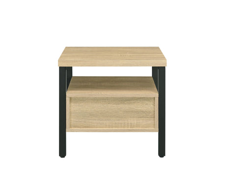 Oak Finish Metal Leg Accent Table With Storage Drawer - Omega Lifestyles