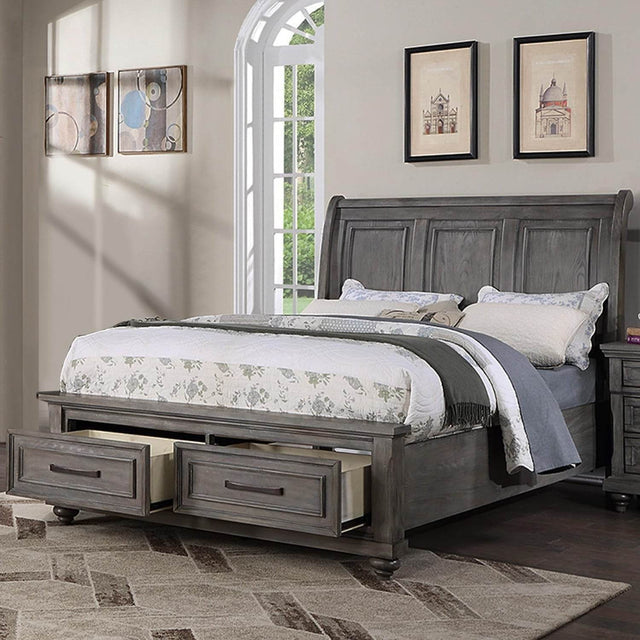 Transitional Antique Gray Eastern King Storage Bed Frame - Omega Lifestyles
