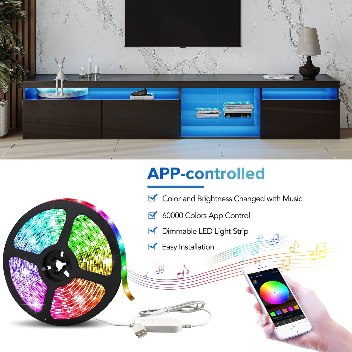 Modern Black Particle Board TV Stand With LED Lighting - Sleep Galleria