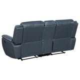 Blue Upholstered Motion Reclining Loveseat With Console - Omega Lifestyles