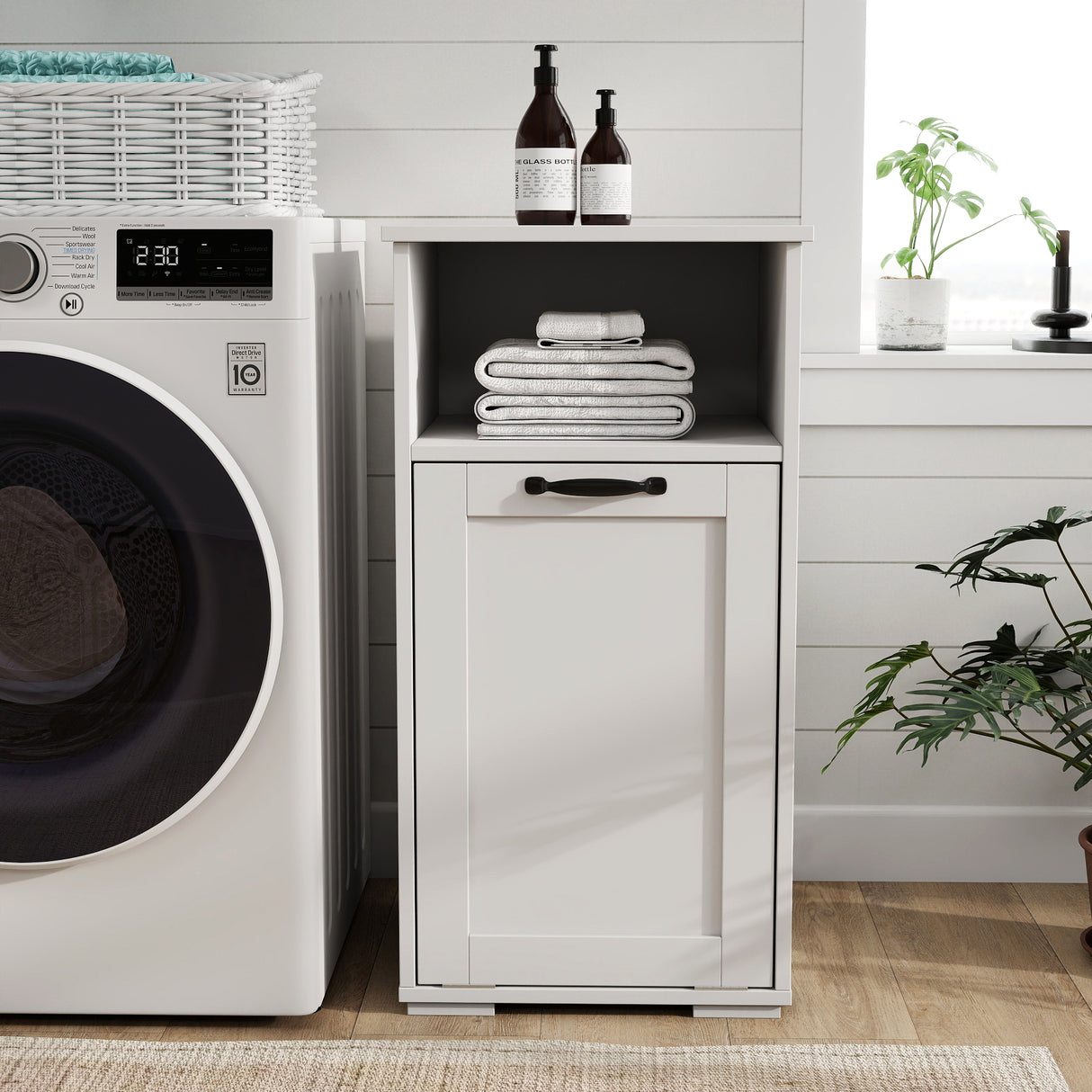 White Particle Board Laundry Cabinet With Removable Liner Bag