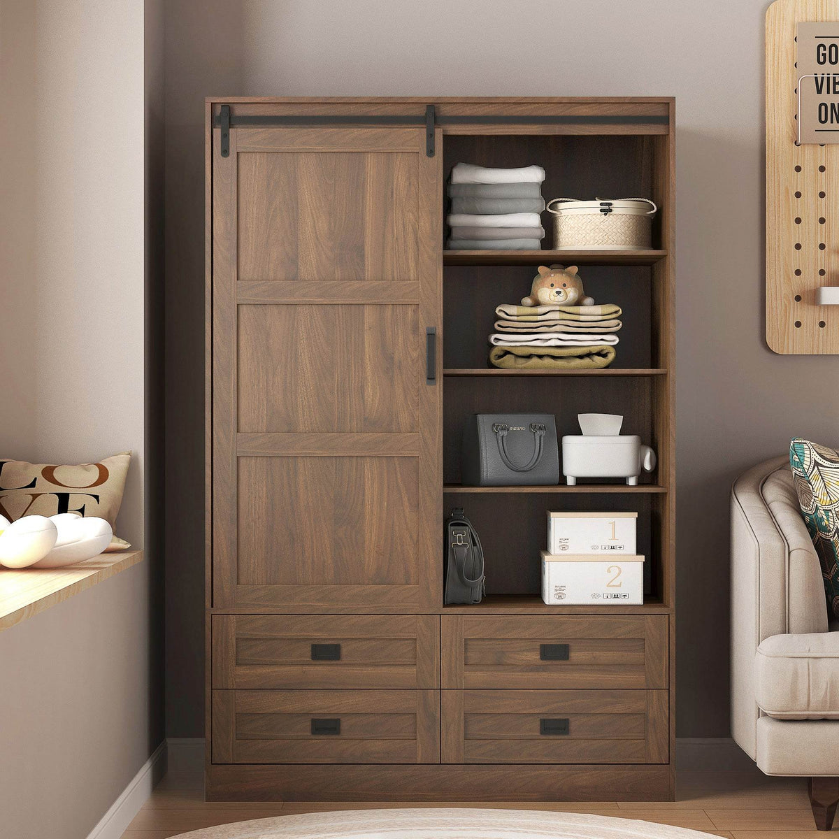 Wooden Barn Door Sliding Armoire Wardrobe Closet Cabinet
