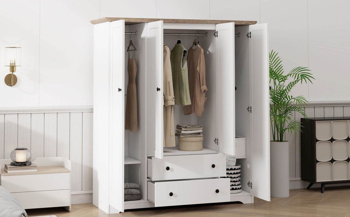 4 Door White Solid Wood MDF Wardrobe Armoire - Omega Lifestyles
