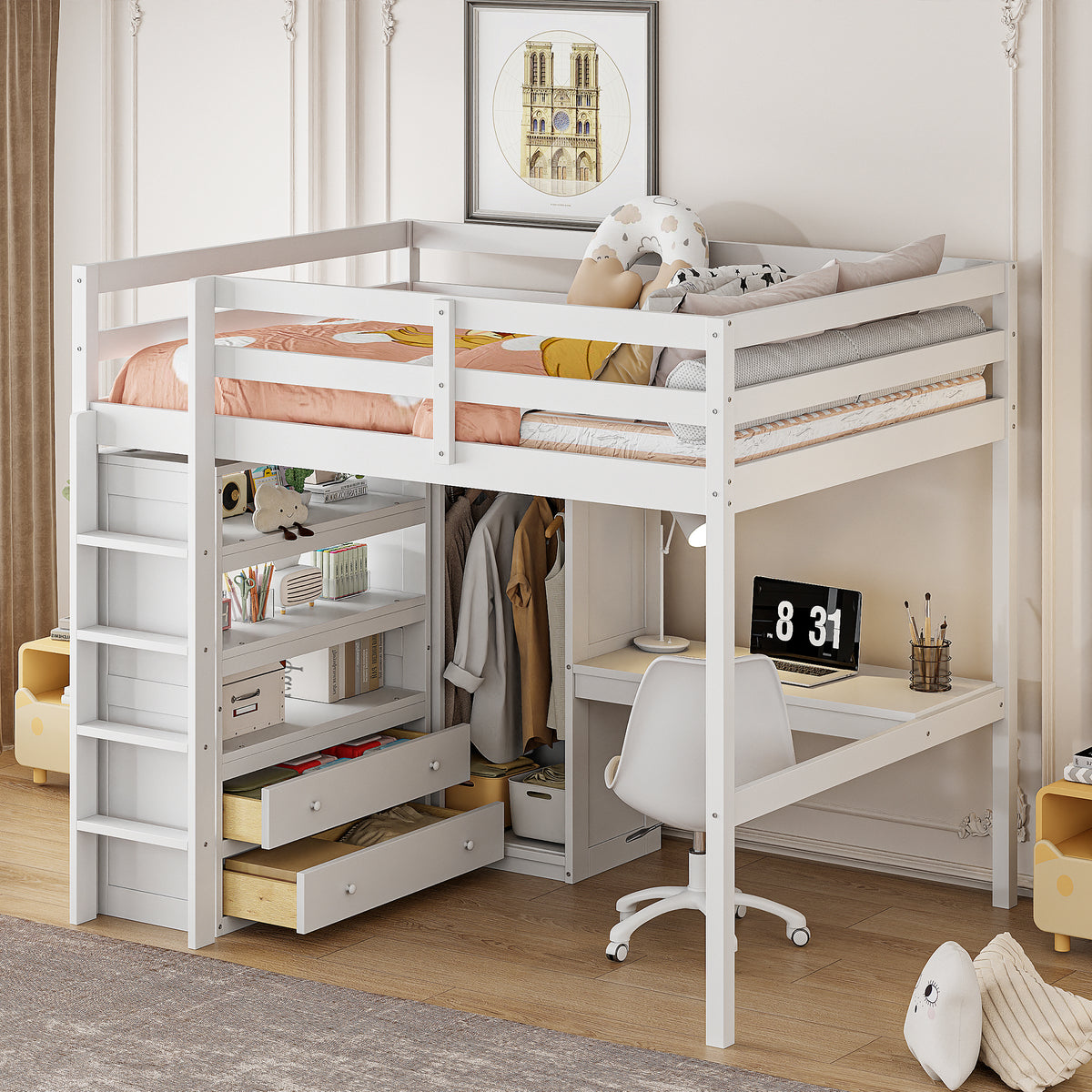 Full Wood Loft Bed With Built-In Wardrobe Desk