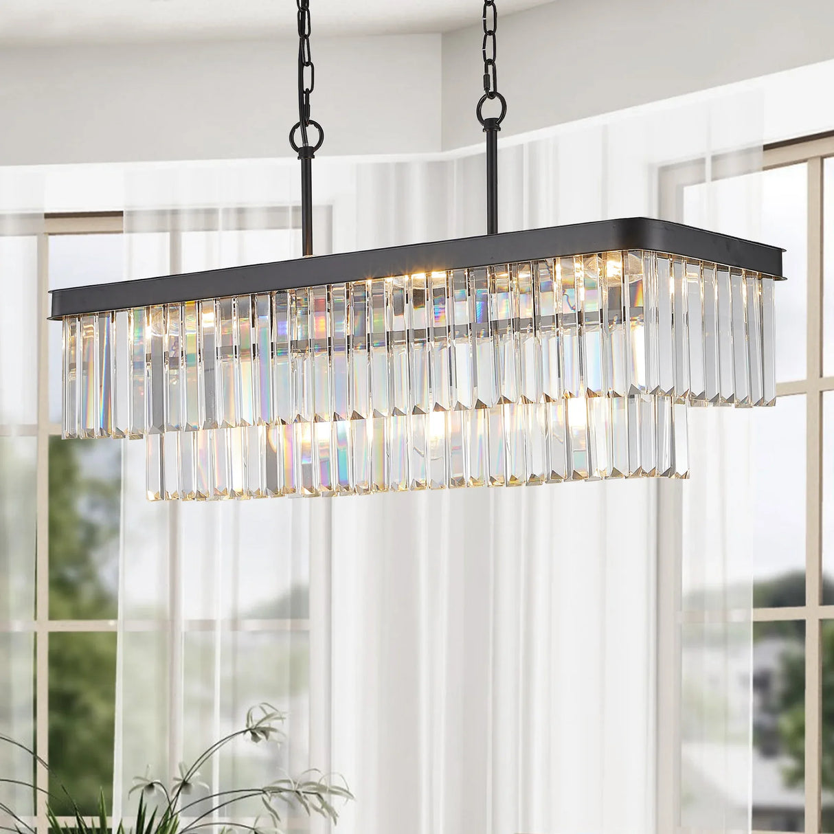 Adjustable Rectangular Iron Crystal Chandelier Lighting Fixture - Omega Lifestyles