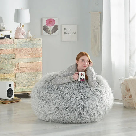Silver Gray Faux Fur Modern Glam Bean Bag Chair - Omega Lifestyles