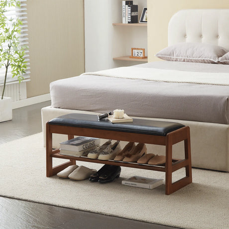 Walnut Rubber Wood Shoe Stool With Flip-Top Storage Bench - Omega Lifestyles