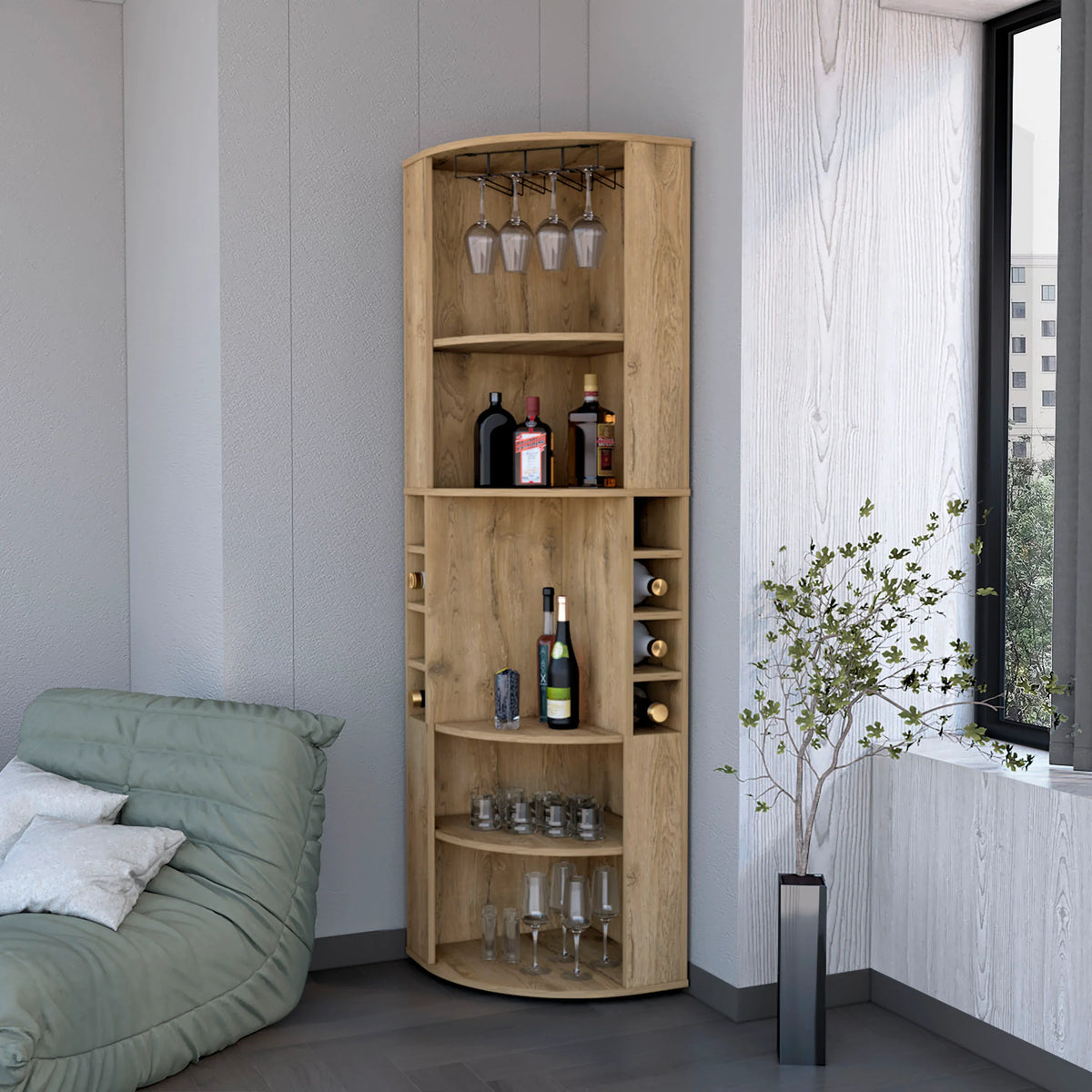Modern Corner Bar Cabinet With Wine Rack And Shelves - Omega Lifestyles