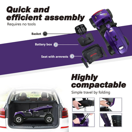 Outdoor Compact Purple Mobility Scooter With USB Charger Port - Omega Lifestyles