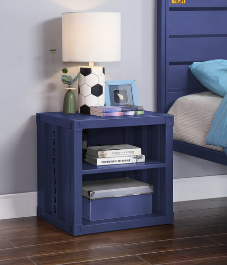 Industrial Blue Metal Nightstand With USB Charging Ports - Omega Lifestyles