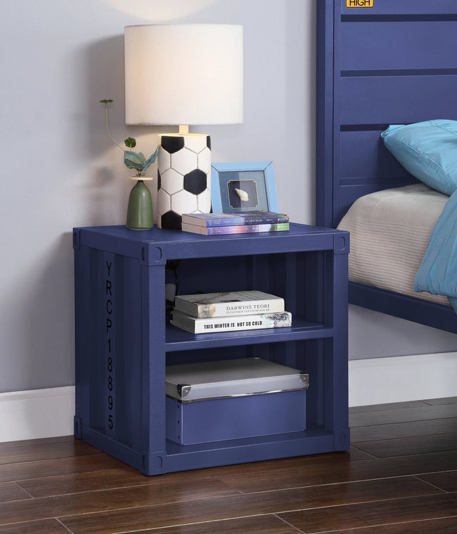Industrial Blue Metal Nightstand With USB Charging Ports - Omega Lifestyles