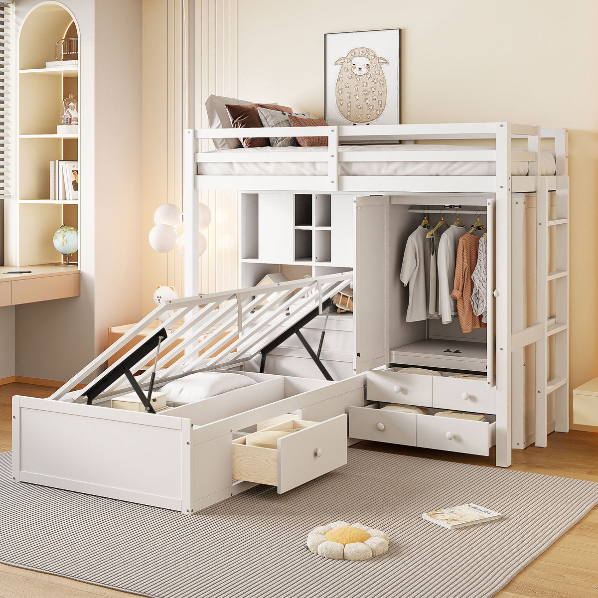 Twin Hydraulic Storage Bunk Bed With Wardrobe Drawers
