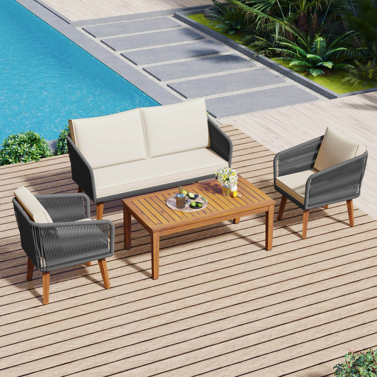 4-Piece Mid-Century Modern Woven Rope Patio Furniture Set - Omega Lifestyles