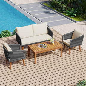 4-Piece Mid-Century Modern Woven Rope Patio Furniture Set - Omega Lifestyles