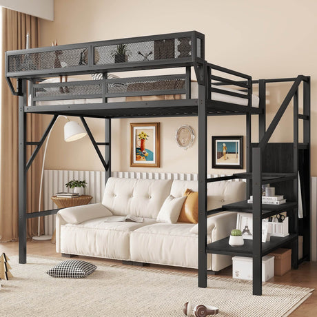 Twin Metal Loft Bed With Stairs Storage Shelves - Omega Lifestyles