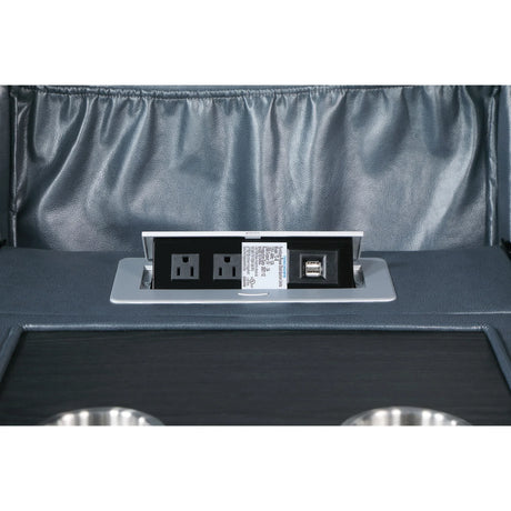 Blue Faux Leather Motion Reclining Sofa With Drop-Down Table - Omega Lifestyles