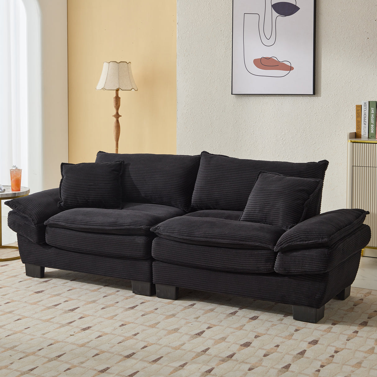 Corduroy Upholstered Foam Loveseat Sofa With Pillows