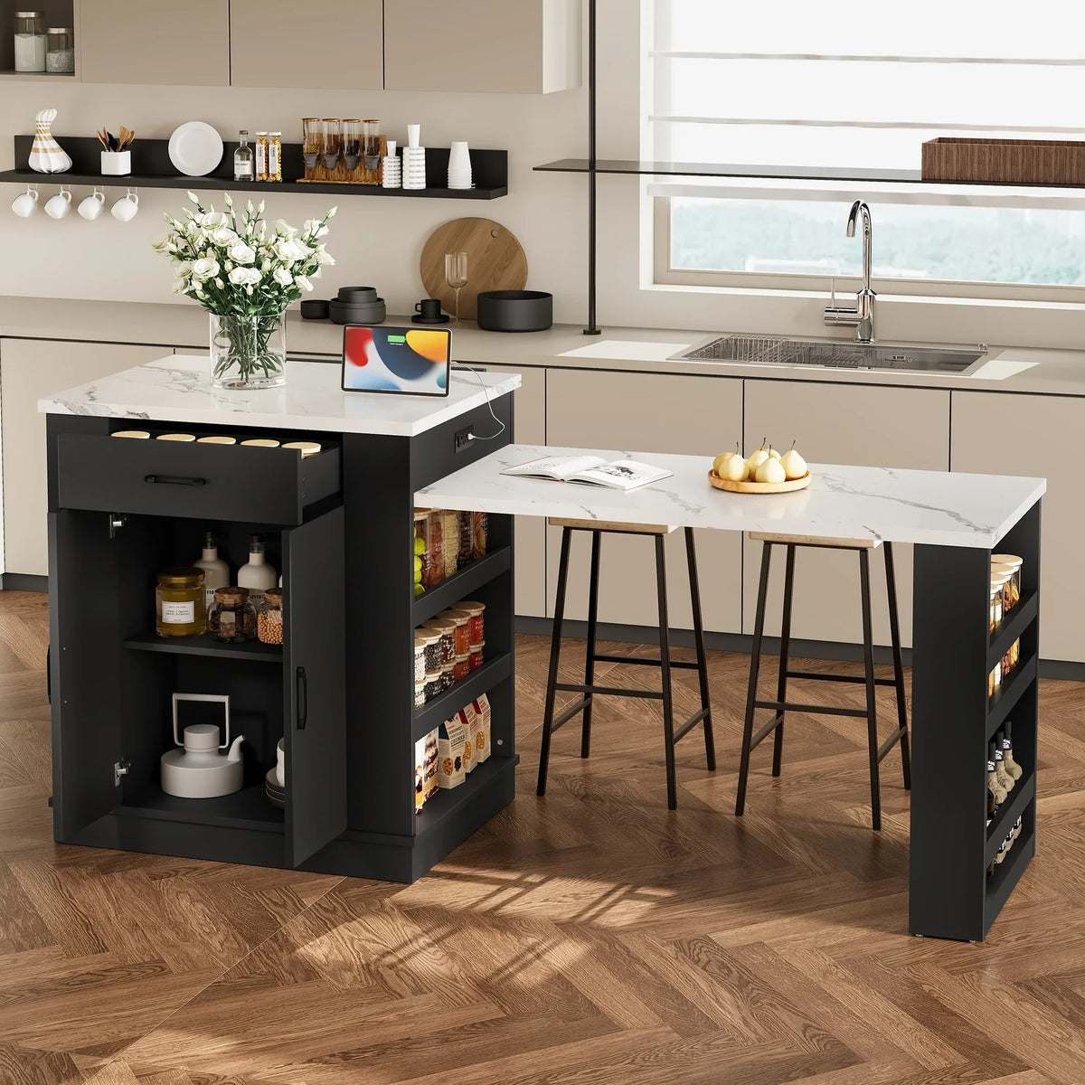 Extendable Black Kitchen Island With Storage Cabinet - Omega Lifestyles