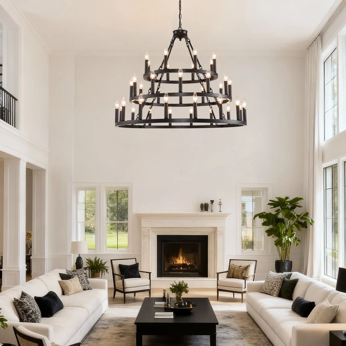 Farmhouse Wagon Wheel 36-Light Matte Black Chandelier - Omega Lifestyles